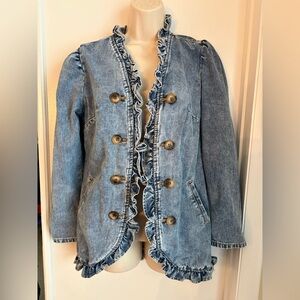 NWOT SHEIN Blue Denim Jacket with Ruffle Trim
